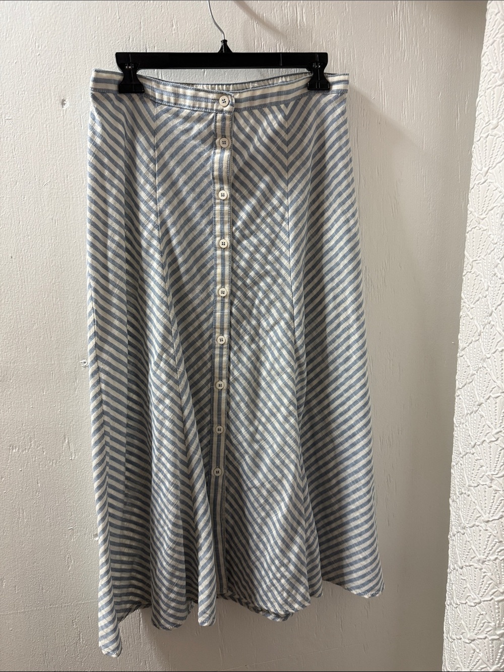 Max Studio Blue and White Striped Button-Front A-Line Midi Skirt